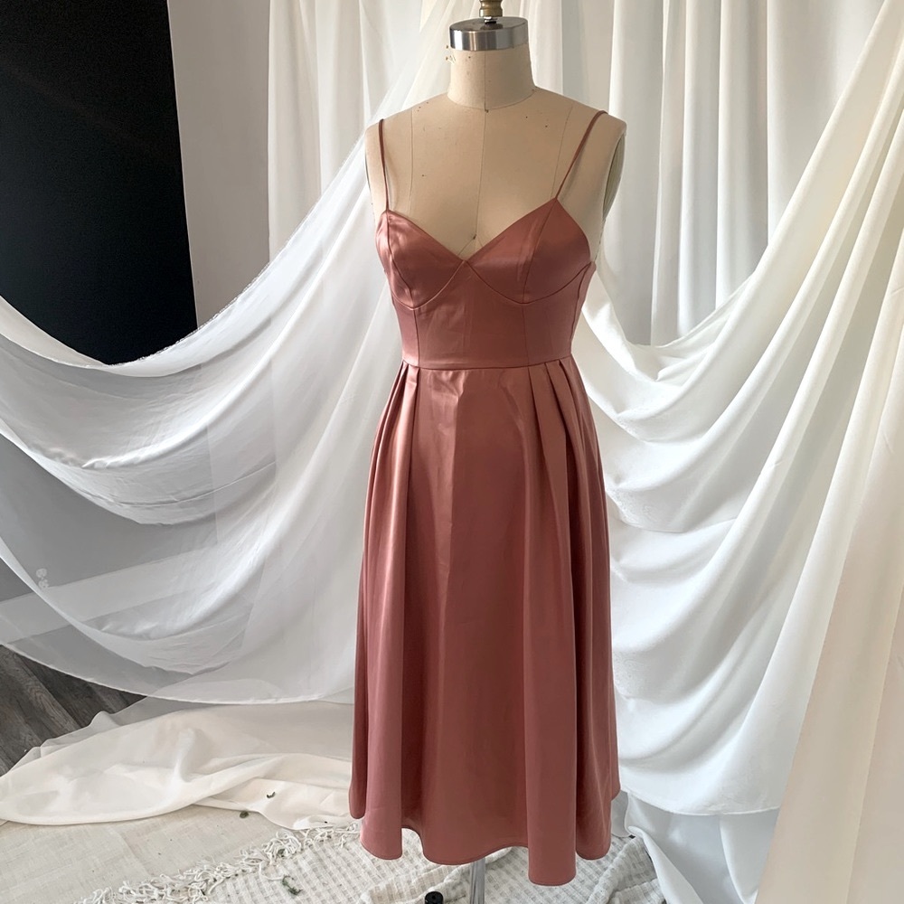 Pink satin A line midi dress.